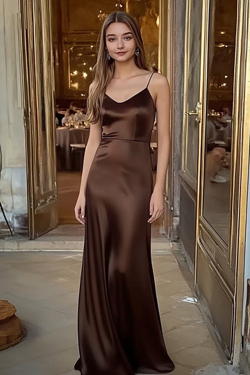 Spaghetti Straps Coffee Satin Long Formal Dress
